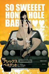 1girls alex_benedetto black_hair blue_eyes breasts car cum dark-skinned_female female female_only fishnets gangsta gun high_heels long_hair medium_breasts navel nipples panties_around_leg solo weapon