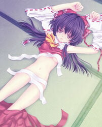 armpits bandage bandages black_hair female female_only highres human japanese_clothes lying mikazuki_sara miko nude pink_eyes reimu_hakurei ribbon ribbons sarashi solo tatami tears touhou undone_sarashi