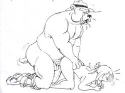 1animal 1girls all_fours artist_request bear black_and_white doggy_style from_behind hat human interspecies kneeling motion_lines mouth_open muscular muscular_male smokey_the_bear ursine wolfwood zoophilia