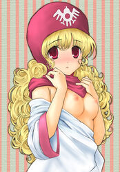 blonde_hair blush breasts clothing curly_hair dragon_quest dragon_quest_ii dress hood long_hair princess_of_moonbrook red_eyes rinomure robe small_breasts undressing