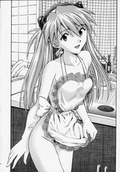 1girls apron asuka_langley_sohryu female female_only hair highres human izurumi long_hair monochrome naked_apron neon_genesis_evangelion page_14 solo