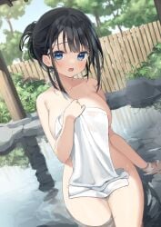 big_breasts black_hair blue_eyes blush muninshiki original original_character tagme towel towel_only