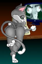 2003 animaniacs anthro ass back_view breasts cat color computer_mouse feline female female_only fur furry furry_only grey_fur looking_back monitor nipples nude rita_(animaniacs) rita_and_runt scanner solo tagme white_fur