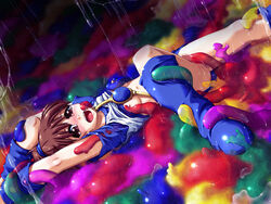 arle_nadja arms_above_head blue_skirt blush breasts brown_eyes brown_hair clothed_sex clothing female madou_monogatari open_mouth penetration pussy puyo puyo_puyo puyo_puyo_fever rape restrained shirt shirt_lift short_hair skirt small_breasts spread_legs tears tentacle translucent_tentacles vaginal_penetration