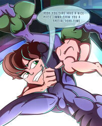 2boys alien anal_fingering balls_outline ben_10 ben_tennyson ben_tennyson_(omniverse) brown_hair clothing erection fingering_through_clothes gay green_eyes head_out_of_frame holding_penis interspecies iyumiblue male male_only oral rook_blonko topless yaoi