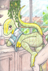 bottomless dinosaur female from_behind human interspecies male nude paul_lucas penis raised_tail raptor scalie sex skimpy straight