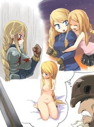 armor barefoot blonde_hair blood blood_on_face blue_eyess braid breasts final_fantasy final_fantasy_tactics goffard_gaffgarion hug long_hair mamo_williams nude ovelia_atkascha single_braid