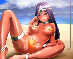 asaki_yuki beach bikini bottomless censored circlet come_hither dark-skinned_female dark_skin dragon_quest dragon_quest_iv erect_nipples female female_only human loincloth long_hair maya_mahabala medium_breasts purple_eyes purple_hair solo spread_legs swimsuit