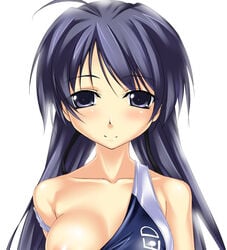 blue_hair blush breasts buresu collarbone competition_swimsuit memories_off memories_off_2nd one-piece_swimsuit simple_background smile strap_slip suzuna_takano swimsuit swimsuit_pull