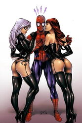 1boy 2girls ass big_ass black_cat_(marvel) boots corset dat_ass ed_benes ed_benes_studio felicia_hardy female femdom ffm ffm_threesome handcuffs high_heel_boots high_heels imminent_threesome lingerie long_hair male marvel marvel_comics mary_jane_watson multiple_girls ot3 peter_parker polyamory red_hair shiny spider-man spider-man_(series) stockings straight straight_hair thigh_boots thighhighs thong threesome throuple white_hair