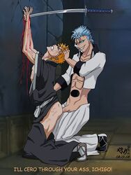 2008 2boys abs anal anal_penetration anal_sex arms_above_head arms_up beaten bleach blonde_hair blood blue_eyes blue_hair clenched_teeth closed_eyes defeated evil_grin facial_mark forced forced_yaoi functionally_nude grimmjow_jaegerjaquez hair_grab hair_pull head_grab head_pulled_back ichigo_kurosaki indoors katana male male_only malesub multiple_males pain partially_clothed penetration penis pulling_hair rape sex sword text torture wounded yaoi