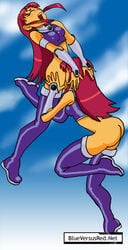 00s 2000s airborne blueversusred boots cunnilingus dc dc_comics dcau hand_on_head red_hair selfcest smooth_skin starfire teen_titans thigh_boots yuri