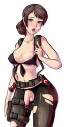 1futa breasts brown_hair front-tie_top futa_only futanari green_eyes holster intersex marmalademum metal_gear metal_gear_solid metal_gear_solid_v midriff navel nipple_slip pantyhose penis ponytail quiet_(metal_gear) small_penis solo stefanie_joosten suspenders thigh_holster tied_hair torn_clothes torn_pantyhose