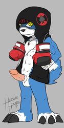 1boy 3_toes abs ace_the_gaomon anthro anthrofied arm_wraps balls bottomless boxing_gloves bulge canine cel_shading circumcised clothed clothing digimon erection front_view furry furry_only gaomon half-dressed hands_in_pockets headband heibanhikaru hoodie humanoid_penis looking_at_viewer male male_only mammal open_clothes open_shirt pendant penis sheath shirt signature solo standing toes toned