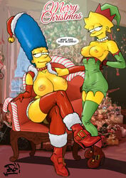 alternate_breast_size bedroom_eyes blue_hair boots breasts candy_cane chair christmas christmas_tree crossed_legs dress exposed_breasts female female_only gloves hat high_heel_boots high_heels human incest jewelry large_breasts lisa_simpson long_gloves long_hair marge_simpson mother_and_daughter necklace nipples partially_clothed pearl_necklace santa_costume santa_hat sitting smile speech_bubble stockings text the_simpsons thigh_highs yellow_skin zarx