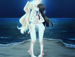 2girls ass beach black_hair blonde_hair breast_press breasts female hand_holding hime_cut kirishima_shizuku kissing large_breasts long_hair moon multiple_girls night night_sky nude peko shitogi_eris sky sono_hanabira_ni_kuchizuke_wo symmetrical_docking very_long_hair wavy_hair yuri