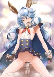 1boy animal_ears blue_hair blush breasts breasts_out bunny_ears cape censored closed_eyes cowgirl_position earrings fangs female ferry_(granblue_fantasy) gloves gradient_background granblue_fantasy interlocked_fingers jewelry long_hair neckerchief no_bra no_panties open_mouth penetration penis pointless_censoring sasebono_mari small_breasts straddling tears vaginal_penetration wind_lift