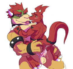 2boys anal anal_sex animal_genitalia ass ass_grab balls big_dom_small_sub blush bowser cel_shading crossover cum_from_ass digimon duo eye_contact front_view genital_slit guilmon headwings koopa male male_only mario_(series) muscles nintendo on_lap open_mouth penetration penis raised_tail rear_view romantc saliva_sting scalie sex size_difference sketch slit toned tongue tongue_out tzarvolver yaoi