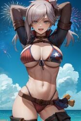 1girls ai_generated american_flag_bikini amiral_ai arms_up asymmetrical_hair bikini blue_eyes breasts cutesexyrobutts_ai_artstyle_imitation fate/grand_order fate_(series) female huge_breasts light-skinned_female light_skin long_hair miyamoto_musashi_(fate) miyamoto_musashi_(swimsuit_berserker) outdoors pink_hair smile stable_diffusion