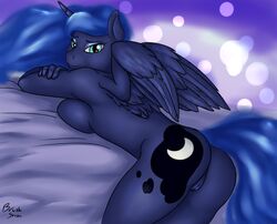 2017 abstract_background alicorn anthro ass bed bedroom_eyes blue_feathers blue_hair breast_squish breasts brushstroke cutie_mark equine eyebrows eyelashes eyeshadow feathered_wings feathers female friendship_is_magic hair half-closed_eyes horn looking_at_viewer looking_back lying makeup mammal mascara my_little_pony nude on_bed on_front portrait pose presenting princess_luna_(mlp) pussy seductive sideboob signature smile solo teal_eyes wings