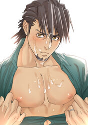 1boy blush cum cum_on_body facial kaburagi_t_kotetsu male_only muscle nipples pecs solo_focus tiger_and_bunny undressing yaoi