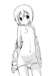 blush breasts clothing erica_hartmann female flat_chest kinniku_tarou monochrome navel nipples panties panty_pull pussy short_hair small_breasts solo strike_witches uncensored undressing