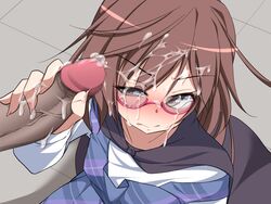 blush brown_eyes brown_hair censored cum cum_on_glasses cum_on_hair facial female glasses hachi_(chihagura) handjob mosaic_censoring penis semi-rimless_glasses simple_background solo striped_background sumireko_usami touhou