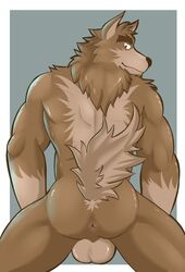 1boy anthro anus ass balls canine fur furry furry_only looking_back looking_down male male_only mammal nude nuroi presenting presenting_hindquarters smile solo spread_legs spreading standing wolf