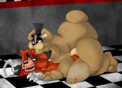 anal anal_sex animatronic anthro barefoot bear bow canine chubby eye_patch eyewear five_nights_at_freddy's fox foxy_(fnaf) freddy_(fnaf) fronnie frots half-closed_eyes hat headgear hook hook_hand inside looking_down machine male male_only mammal nude on_floor on_top open_mouth penetration pirate robot sex sharp_claws sharp_teeth smile teeth tongue tongue_out video_games yaoi