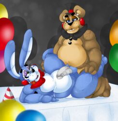 anal anal_sex animatronic anthro balloon balls barefoot bear bow buckteeth chubby erection five_nights_at_freddy's five_nights_at_freddy's_2 fronnie frots gay girly half-closed_eyes hat lagomorph long_ears looking_down lying machine male mammal nude on_back open_mouth penetration penis rabbit raised_leg robot rosy_cheeks sex sitting smile spread_legs spreading teeth tongue tongue_out toy_bonnie_(fnaf) toy_freddy_(fnaf) video_games yaoi