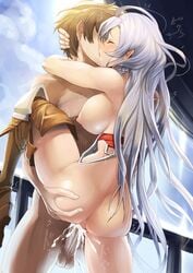 1boy ass ass_grab blush boots breasts brown_hair cum cum_in_pussy ejaculation female gran_(granblue_fantasy) granblue_fantasy hug kissing large_breasts leg_lift long_hair orgasm penetration sasebono_mari sex silva_(granblue_fantasy) silver_hair standing straight thigh_boots thighhighs vaginal_penetration very_long_hair