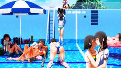 6+girls ass bag barefoot beach_umbrella bent_over bikini black_hair blush breasts clothing empty_pool everyone female fingering fingering_through_clothes food fruit highres in_water innertube j-unit_(lilykiss) kissing lying multicolored_stripes multiple_girls on_back original outdoors pool reading sailor_collar school_bag school_uniform short_hair striped striped_bikini striped_swimsuit swimsuit through_clothes umbrella underboob watermelon wet yuri