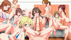 6+girls areolae ass barefoot bent_over bikini black_eyes black_hair blonde_hair blush breasts censored cowgirl_position feet flat_chest game_cg green_eyes green_hair harem heart-shaped_pupils highres in_love_with_viewer large_breasts legs living_the_dream long_hair lying mosaic_censoring multiple_girls navel nipples on_side open_mouth orange_hair penetration penis ponytail pubic_hair pussy saimin_appli:_seifuku_joshi_wo_inran_mesu_ni_hatsujou_sennou sex short_hair sitting sitting_on_person small_breasts smile sweat swimsuit tan tanline thighs tied_hair toes twintails vaginal_penetration