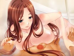 bath bathroom blue_eyes blush breast_press breasts brown_hair censored female game_cg hand_holding highres huge_breasts isse legs long_hair looking_at_viewer lying mosaic_censoring nude penis sawanoi_orine solo_focus steam sweat thighs yometori_x_gekokujou:_wagamama_na_sannin_no_ane_ni_gekokujou_sex!!!