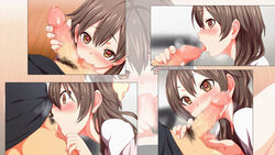 balls balls_sucking black_hair blush brown_eyes caressing_balls caressing_testicles censored deepthroat fellatio female game_cg highres legs licking long_hair looking_at_viewer male mosaic_censoring oral penis pubic_hair saimin_appli:_seifuku_joshi_wo_inran_mesu_ni_hatsujou_sennou saliva sequential solo_focus spread_legs star-shaped_pupils testicles thighs tongue