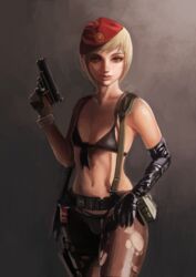 1boy belt beret bikini blonde_hair brown_eyes cosplay crossdressing femboy girly gloves gun male metal_gear metal_gear_solid metal_gear_solid_v metal_gear_solid_v:_the_phantom_pain navel nitrile pantyhose quiet_(metal_gear)_(cosplay) short_hair solo standing straps suspenders torn_pantyhose trap weapon