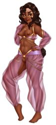 animal_ears arabian_clothes barefoot bear_ears breasts bridal_gauntlets brown_eyes brown_hair dark-skinned_female dark_skin facial_mark feet female female_only figgylicious glasses harem_outfit long_hair navel neck_ring necklace nipples original parted_lips pussy see-through solo standing tail