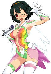 1girls artist_request character_request cleavage clothed clothing female gloves green_hair hairband knee_socks microphone one_eye_closed pauldron red_eyes short_hair skin_tight tight_clothes