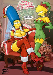 alternate_breast_size bedroom_eyes blue_hair boots breasts candy_cane chair christmas christmas_tree crossed_legs dress female female_only gloves hat high_heels human implied_incest jewelry large_breasts lisa_simpson long_gloves long_hair marge_simpson milf mother_and_daughter necklace pearl_necklace santa_costume santa_hat sitting smil speech_bubble stockings text the_simpsons thigh_highs yellow_body yellow_skin zarx