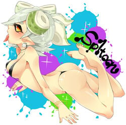 ass bikini blush breasts earrings female kyouka. marie_(splatoon) open_mouth pointy_ears silver_hair solo splatoon squid_sisters straight_hair swim_suit tongue_out yellow_eyes