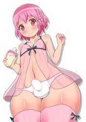 1boy androgynous baby_bottle babydoll balls balls_in_panties beauty_mark blush bulge chinzurena erection_in_panties femboy girly hourglass_figure leona_west male male_only navel panties penis penis_in_panties petite simple_background solo tagme testicles thick_thighs trap white_background wide_hips