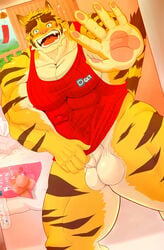 1boy anthro balls bottomless clothed clothing erection feline half-dressed kunn_(artist) male male_only mammal morenatsu muscles penis solo tiger torahiko_(morenatsu) vpl