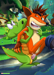 2boys anal anal_sex anthro ass balls bandicoot bbmbbf crash_(series) crash_bandicoot crash_mind_over_mutant croc croc:_legend_of_the_gobbos crocodile crossover cum cum_in_ass cum_inside cum_while_penetrated duo erect erect_penis erection fingerless_gloves furry gay green_eyes green_scales grey_eyes hi_res looking_back male male_only mammal marsupial outside palcomix penetration penis rear_deliveries reptile scalie screencap_background sex shorts stand_and_carry_position standing video_games yaoi