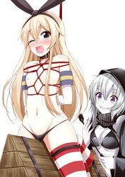 2girls aikawa_ryou black_panties blonde_hair blush bondage bound breasts brown_eyes cleavage collar female female_only femsub grin groin hair_ribbon hoodie kantai_collection multiple_girls navel nipples panties purple_eyes re-class_battleship ribbon rope shimakaze_(kantai_collection) shinkaisei-kan silver_hair simple_background smile stockings striped striped_legwear teeth thighhighs tied_up topless underwear whip white_background white_skin wince yuri