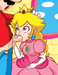 1boy 1girls artist_request blonde_hair blue_eyes crown earrings elbow_gloves fellatio female gloves hair hand_on_head human lipstick long_hair male mario mario_(series) nintendo official_style oral penis princess_peach saliva straight super_princess_peach testicles uncensored