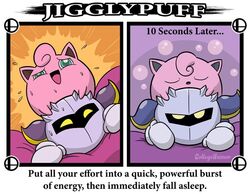 1boy 1girls 2koma armor collegehumor comedy comic crossover disappointed female funny futanari gloves indoors jigglypuff joke kirby_(series) male meta_knight nintendo pokemon pokemon_(species) sex sleeping super_smash_bros. sweat