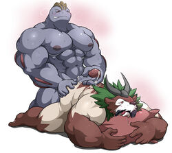 abs all_fours anthro anthrofied ass barazoku cum cum_on_ass duo erection furry gogoat holding_penis humanoid_penis kneeling looking_pleasured machoke maldu male male_only musclegut muscles nintendo nude pecs penis pillow pokemon pokemon_(species) pull_out sweat tongue tongue_out underwear_in_mouth yaoi