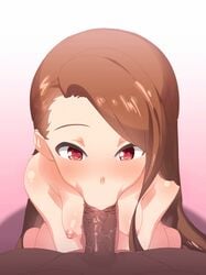 :>= animated black_bar blush breasts brown_hair censored dark-skinned_male dark_skin fellatio female heart-shaped_pupils idolmaster long_hair male minase_iori nipples nude oral penis pov red_eyes symbol-shaped_pupils