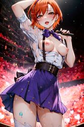 absurd_res absurdres ai_generated bare_breasts blouse blouse_partially_removed brown_eyes crowd ginger ginger_hair hd hi_res high_resolution highres hylian_r34 idol microphone open_blouse open_top open_topwear orange_hair petite petite_body petite_female purple_skirt red_hair ribbon self_upload skirt stage stage_lights tagme unstable_diffusion waist_belt white_top