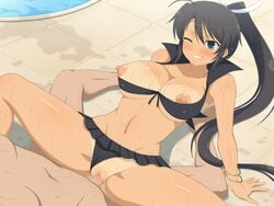 areola arm_support bikini bikini_aside black_hair blue_eyes blush bracelet censored dark_skin erect_nipples female grin homura_(senran_kagura) long_ponytail male marvelous missionary one_eye_closed penetration penis poolside senran_kagura senran_kagura_burst senran_kagura_estival_versus sex sweat swimsuit swimsuit_aside tanline vaginal_penetration wet yaomai